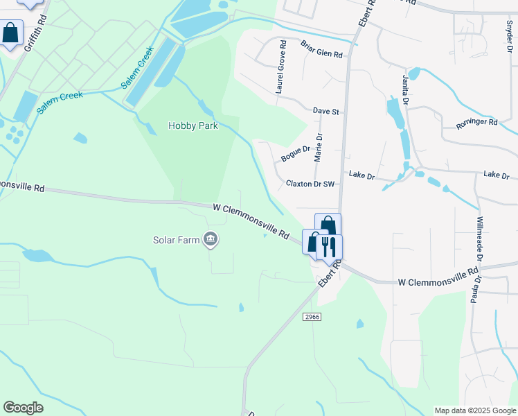 map of restaurants, bars, coffee shops, grocery stores, and more near 2259 West Clemmonsville Road in Winston-Salem