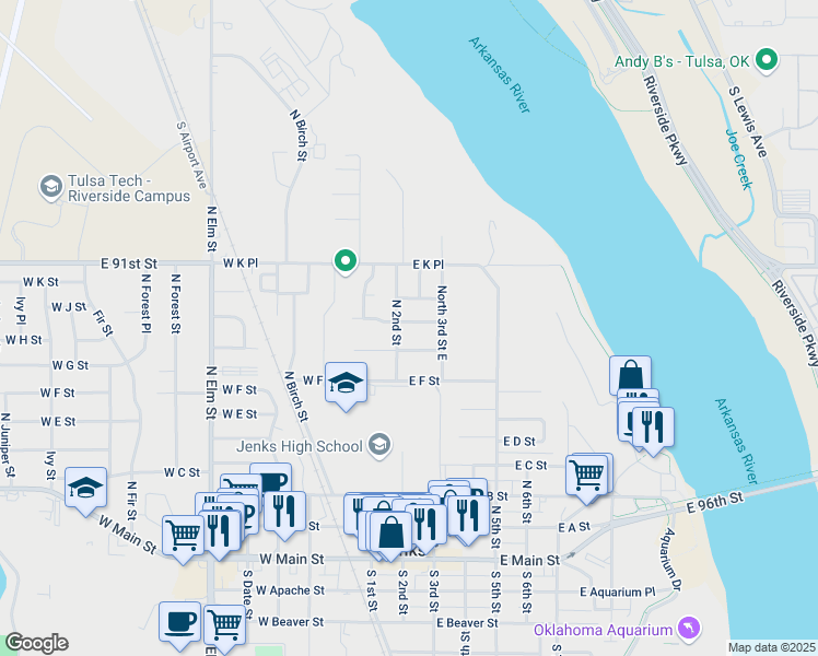 map of restaurants, bars, coffee shops, grocery stores, and more near 202 East H Street in Jenks