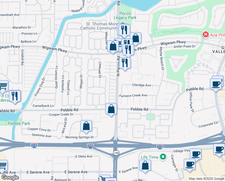 map of restaurants, bars, coffee shops, grocery stores, and more near 2607 Country Maple Avenue in Henderson