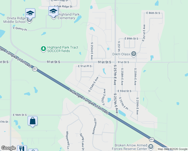 map of restaurants, bars, coffee shops, grocery stores, and more near 9175 South 253rd East Avenue in Broken Arrow