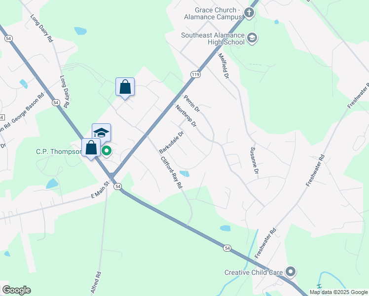 map of restaurants, bars, coffee shops, grocery stores, and more near 2730 Rains Drive in Haw River