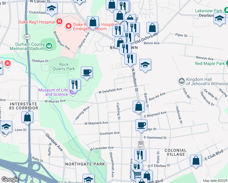map of restaurants, bars, coffee shops, grocery stores, and more near 3025 Farthing Street in Durham
