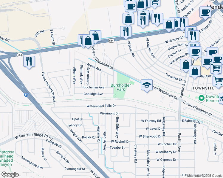map of restaurants, bars, coffee shops, grocery stores, and more near 2 West Victory Road in Henderson