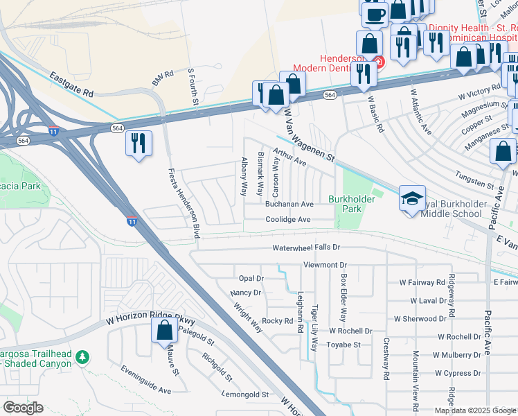 map of restaurants, bars, coffee shops, grocery stores, and more near 617 Buchanan Avenue in Henderson