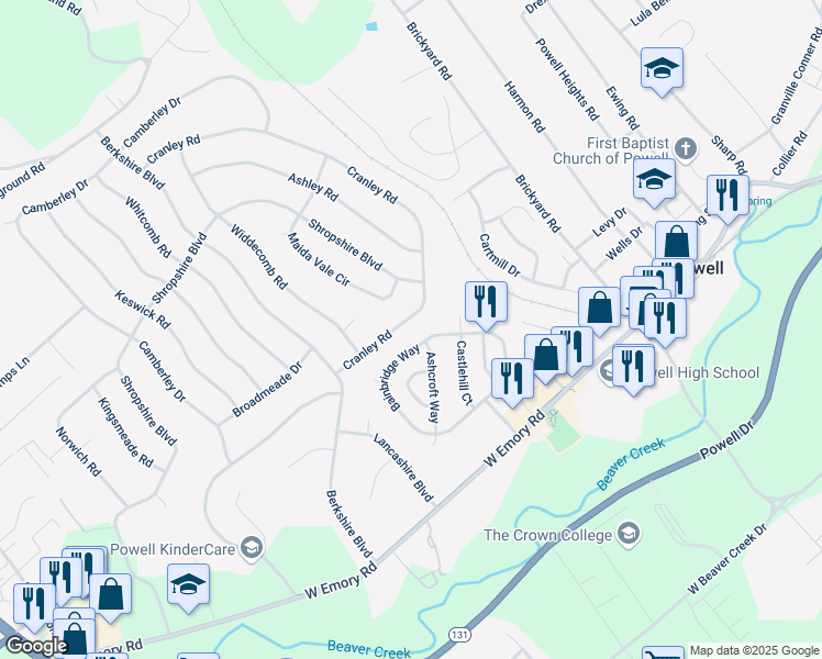 map of restaurants, bars, coffee shops, grocery stores, and more near 7636 Cranley Road in Powell