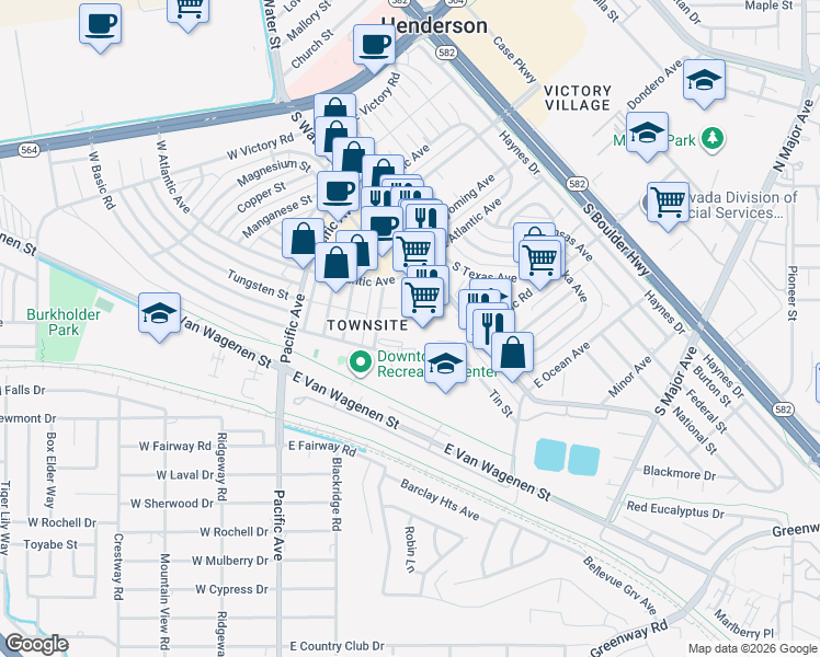 map of restaurants, bars, coffee shops, grocery stores, and more near 240 South Water Street in Henderson