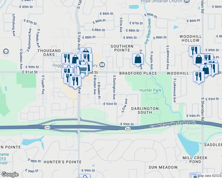 map of restaurants, bars, coffee shops, grocery stores, and more near 9160 South Darlington Avenue in Tulsa