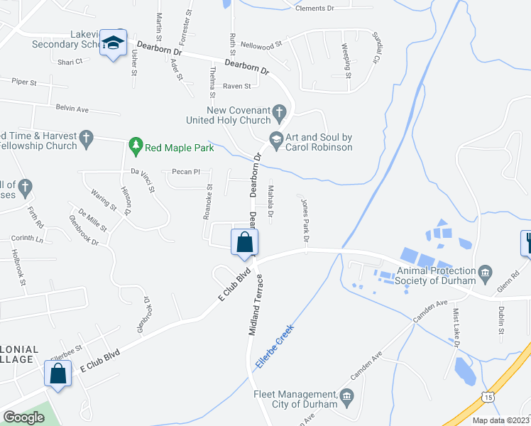 map of restaurants, bars, coffee shops, grocery stores, and more near 2511 Mahala Drive in Durham