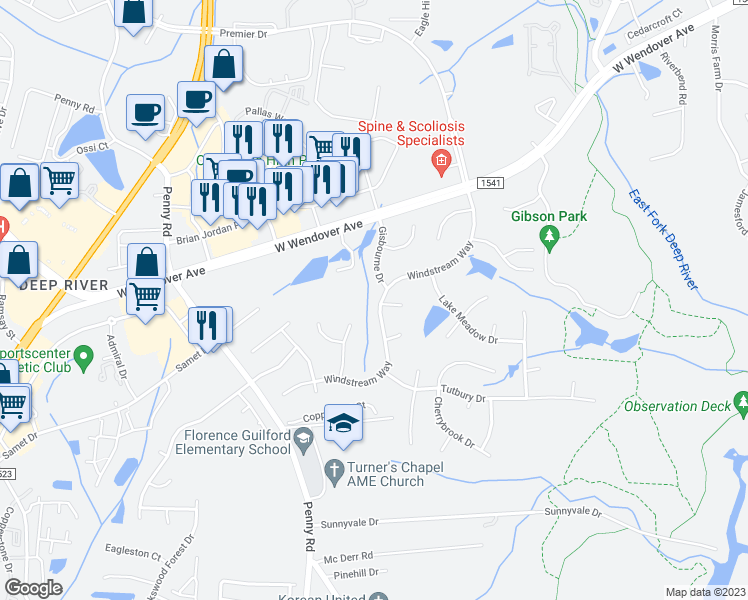 map of restaurants, bars, coffee shops, grocery stores, and more near 3819 Windstream Way in Jamestown