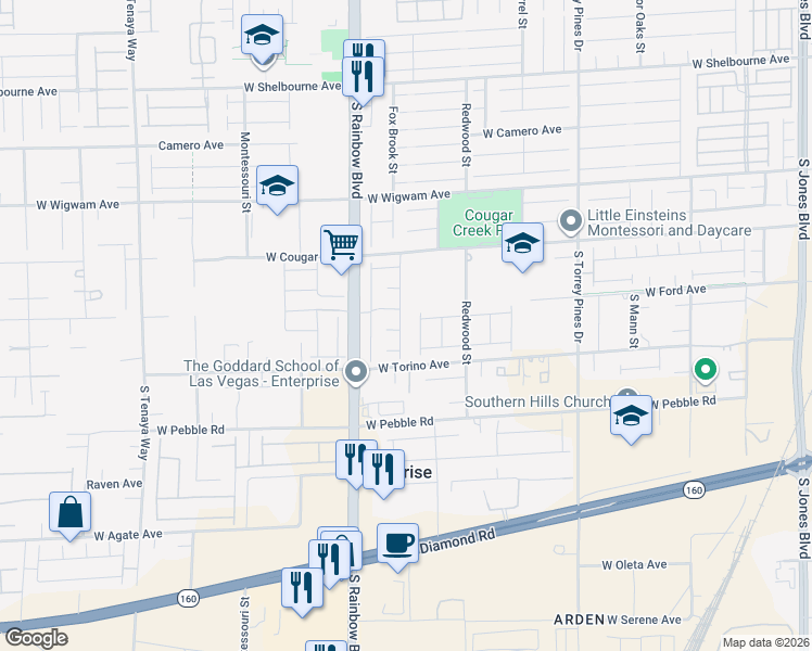 map of restaurants, bars, coffee shops, grocery stores, and more near 8704 South Indigo Springs Road in Las Vegas