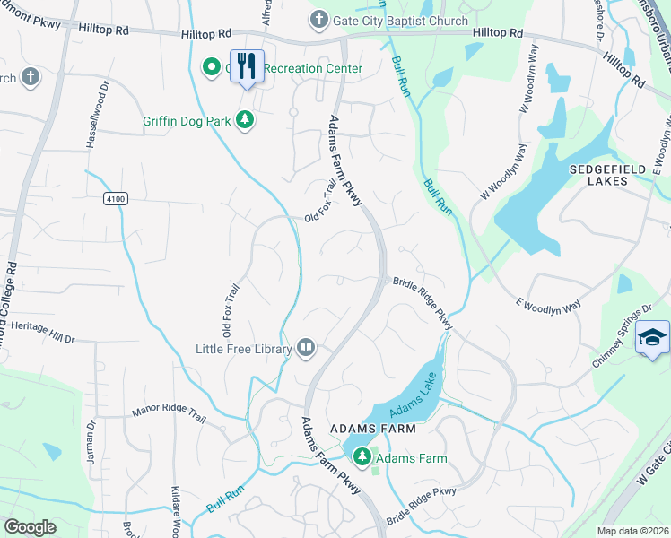 map of restaurants, bars, coffee shops, grocery stores, and more near 5510 Cobble Glen Court in Greensboro