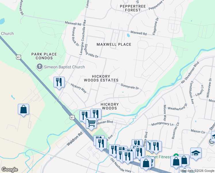 map of restaurants, bars, coffee shops, grocery stores, and more near 117 Firelight Court in Nashville