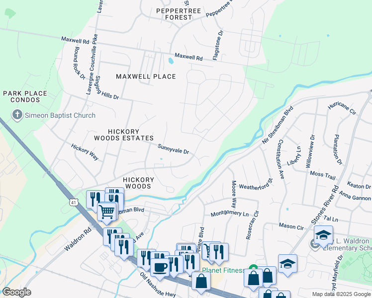 map of restaurants, bars, coffee shops, grocery stores, and more near 5365 Sunnyvale Drive in Nashville