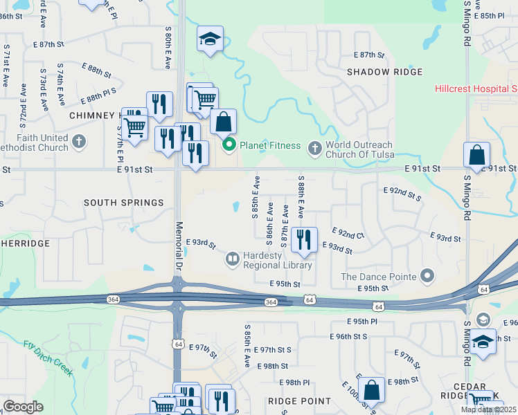 map of restaurants, bars, coffee shops, grocery stores, and more near 9219 South 85th East Avenue in Tulsa