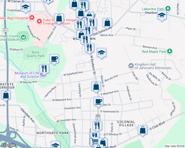 map of restaurants, bars, coffee shops, grocery stores, and more near 3019 North Roxboro Street in Durham