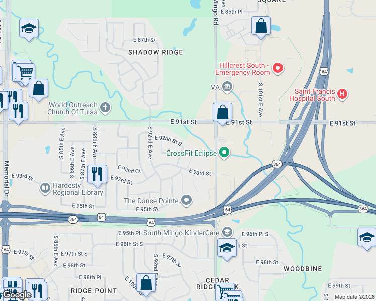map of restaurants, bars, coffee shops, grocery stores, and more near 9209 South 94th East Avenue in Tulsa