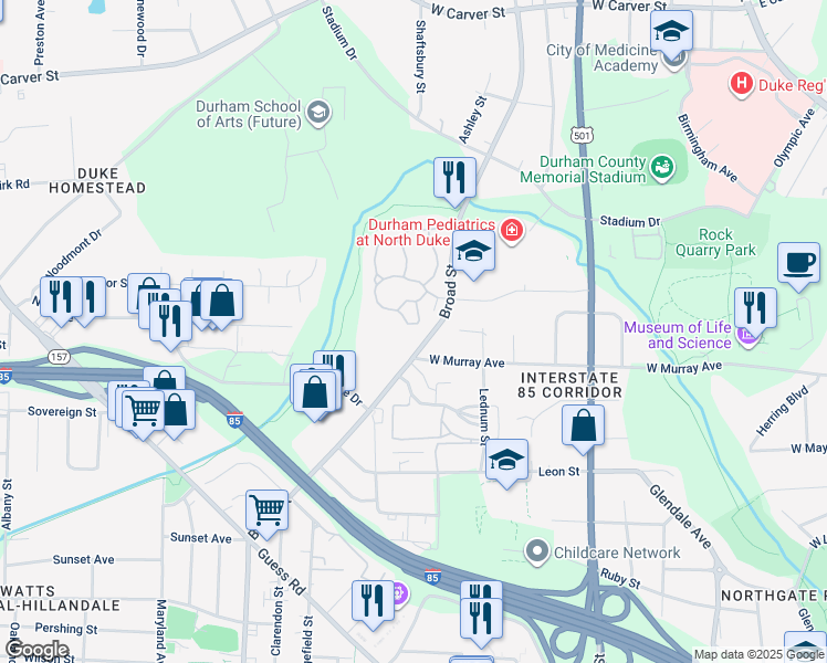 map of restaurants, bars, coffee shops, grocery stores, and more near 2/110 Glenburnie Lane in Durham
