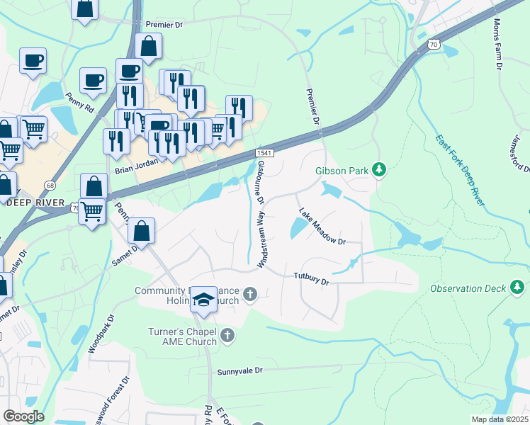 map of restaurants, bars, coffee shops, grocery stores, and more near 3816 Windstream Way in Jamestown