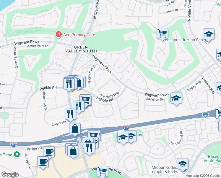 map of restaurants, bars, coffee shops, grocery stores, and more near 2117 Rockrose Circle in Henderson