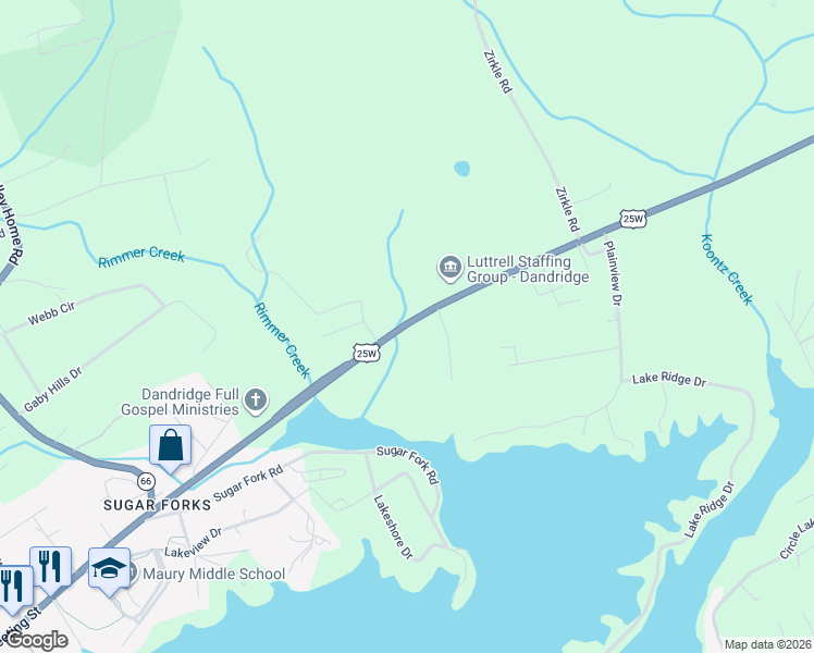 map of restaurants, bars, coffee shops, grocery stores, and more near 661 Tennessee 9 in Dandridge