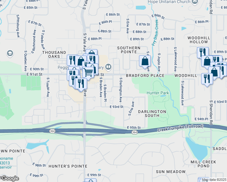 map of restaurants, bars, coffee shops, grocery stores, and more near 9160 South Darlington Avenue in Tulsa