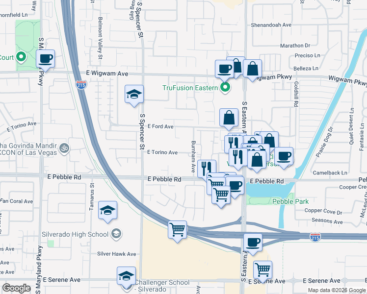 map of restaurants, bars, coffee shops, grocery stores, and more near 2040 East Torino Avenue in Las Vegas