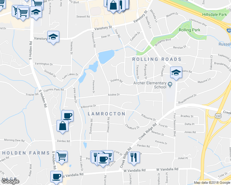 map of restaurants, bars, coffee shops, grocery stores, and more near 2728 Azalea Drive in Greensboro
