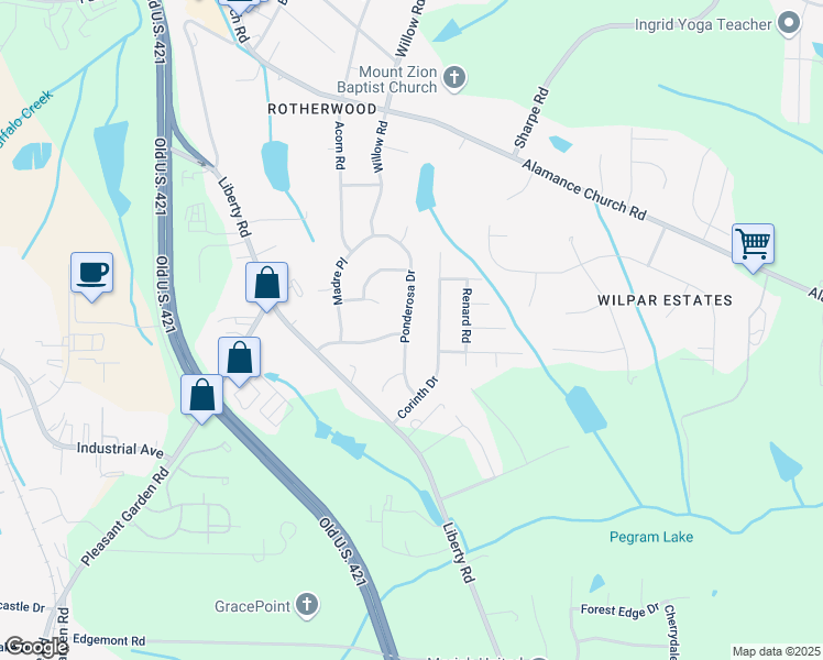 map of restaurants, bars, coffee shops, grocery stores, and more near 2525 Ponderosa Drive in Greensboro