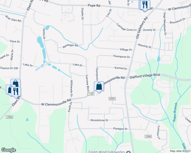 map of restaurants, bars, coffee shops, grocery stores, and more near 1835 Thompson Drive in Winston-Salem