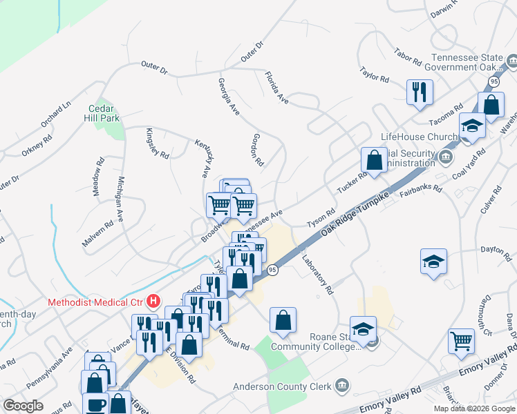 map of restaurants, bars, coffee shops, grocery stores, and more near 117A Broadway Avenue in Oak Ridge