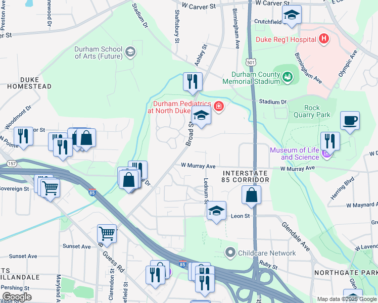 map of restaurants, bars, coffee shops, grocery stores, and more near 2316 Broad Street in Durham