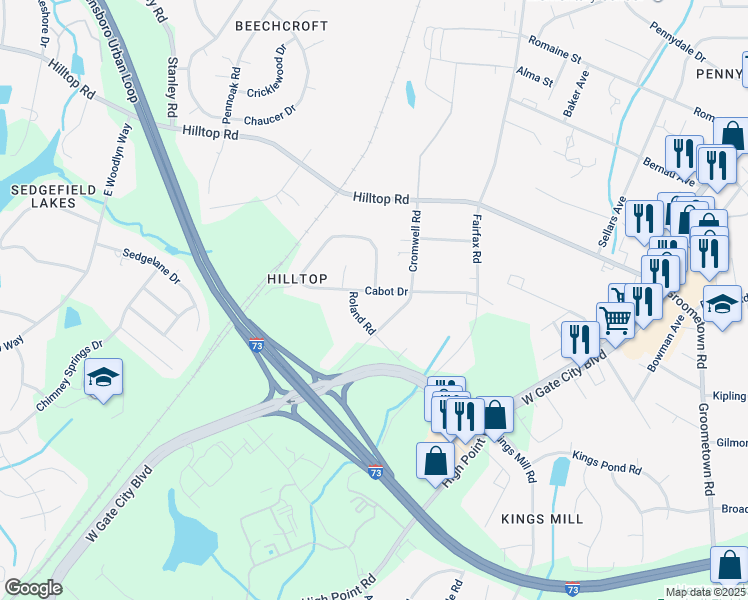 map of restaurants, bars, coffee shops, grocery stores, and more near 2503 Roland Road in Greensboro