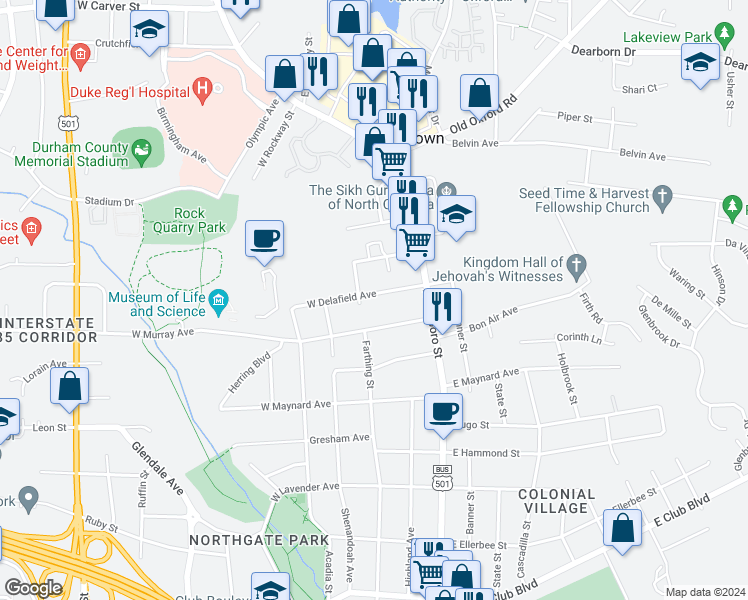 map of restaurants, bars, coffee shops, grocery stores, and more near 109 West Delafield Avenue in Durham