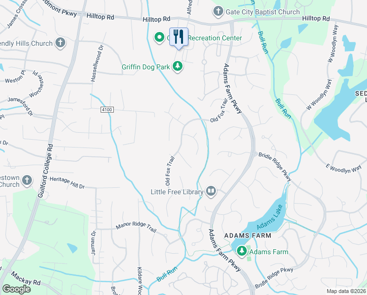 map of restaurants, bars, coffee shops, grocery stores, and more near 5807 Old Fox Trail in Greensboro