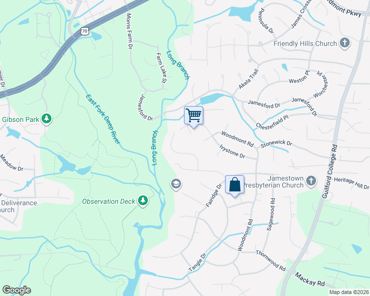 map of restaurants, bars, coffee shops, grocery stores, and more near 102 Crest Hill Road in Jamestown
