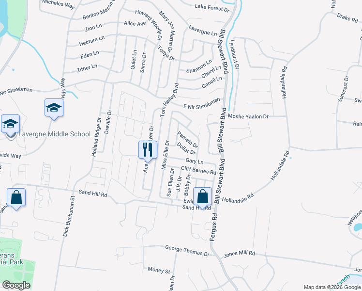 map of restaurants, bars, coffee shops, grocery stores, and more near 1423 Dollar Drive in La Vergne