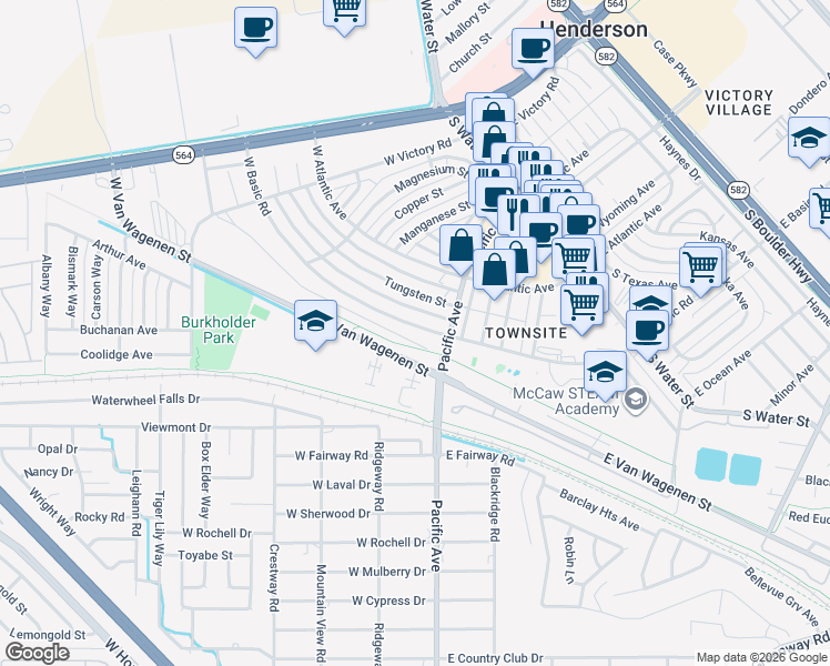 map of restaurants, bars, coffee shops, grocery stores, and more near 219 West Basic Road in Henderson