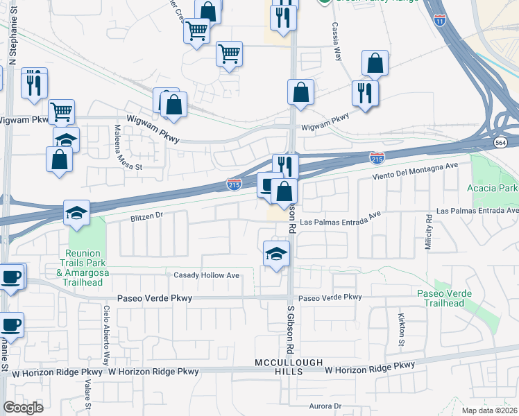 map of restaurants, bars, coffee shops, grocery stores, and more near 11 Split Hoove Court in Henderson