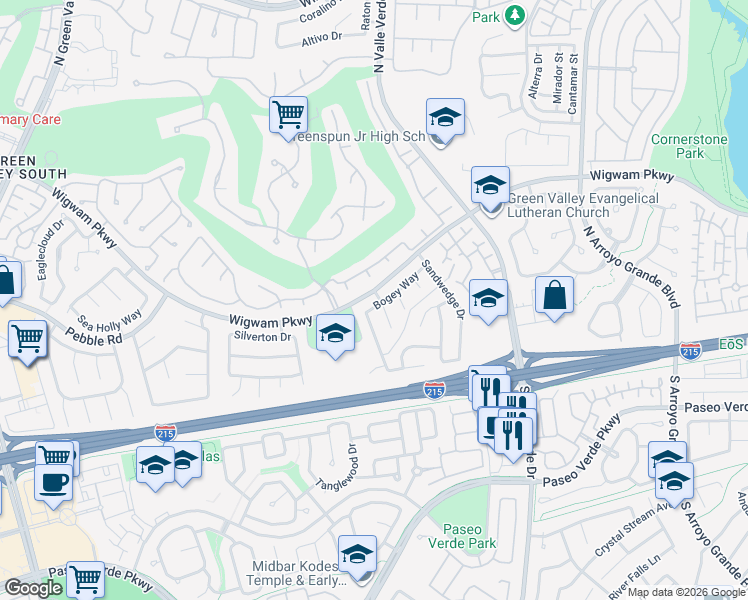 map of restaurants, bars, coffee shops, grocery stores, and more near 1846 Bogey Way in Henderson