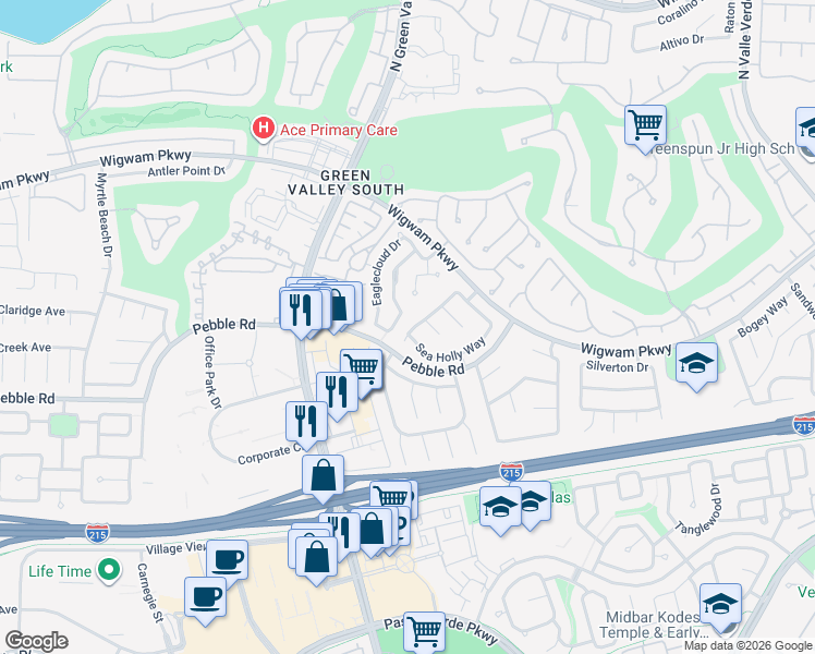 map of restaurants, bars, coffee shops, grocery stores, and more near 2129 Sun Rose Circle in Henderson