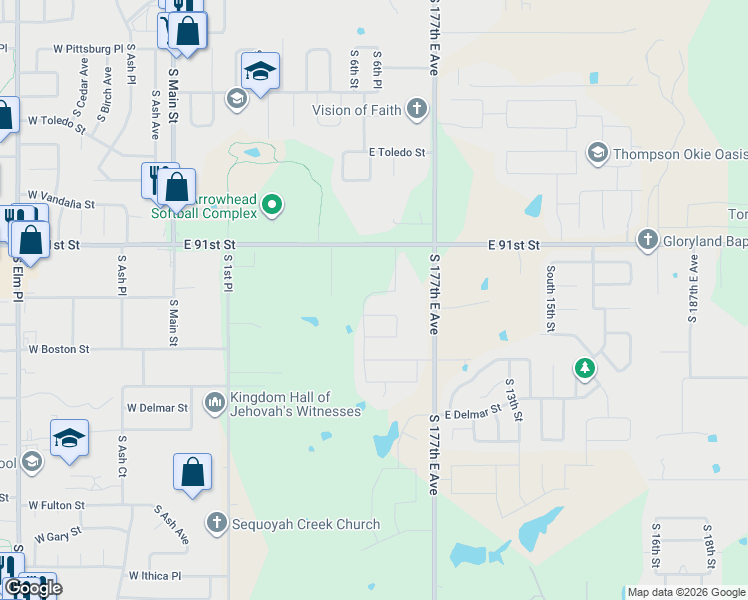 map of restaurants, bars, coffee shops, grocery stores, and more near 2509 South 6th Street in Broken Arrow