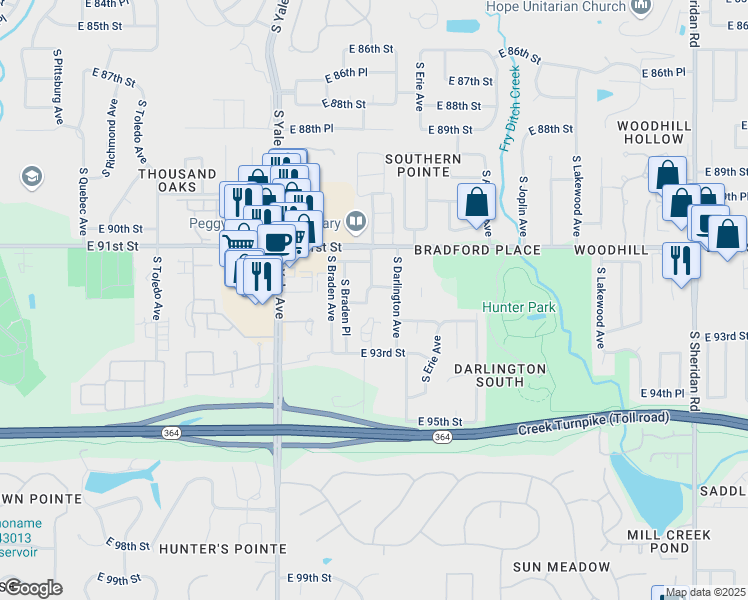 map of restaurants, bars, coffee shops, grocery stores, and more near 9160 South Darlington Avenue in Tulsa