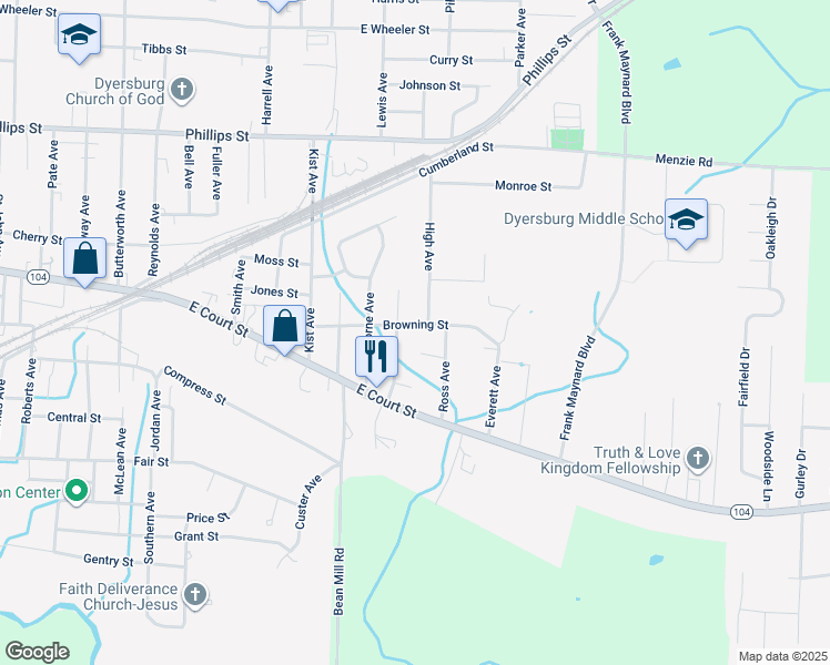 map of restaurants, bars, coffee shops, grocery stores, and more near 1715 Browning Street in Dyersburg