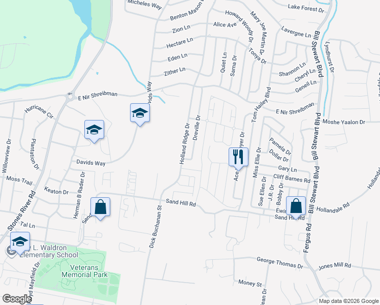 map of restaurants, bars, coffee shops, grocery stores, and more near 116 Dreville Drive in La Vergne