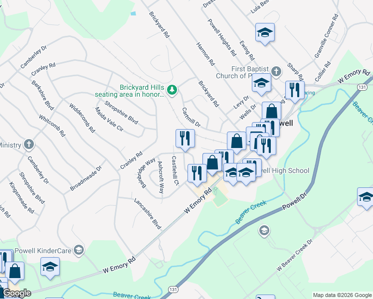map of restaurants, bars, coffee shops, grocery stores, and more near 7800 Branford Court in Powell