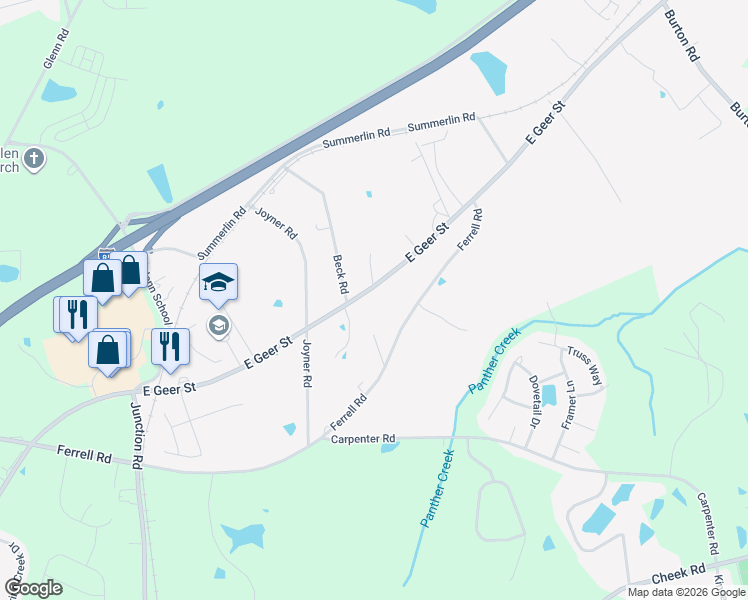 map of restaurants, bars, coffee shops, grocery stores, and more near 2610 East Geer Street in Durham