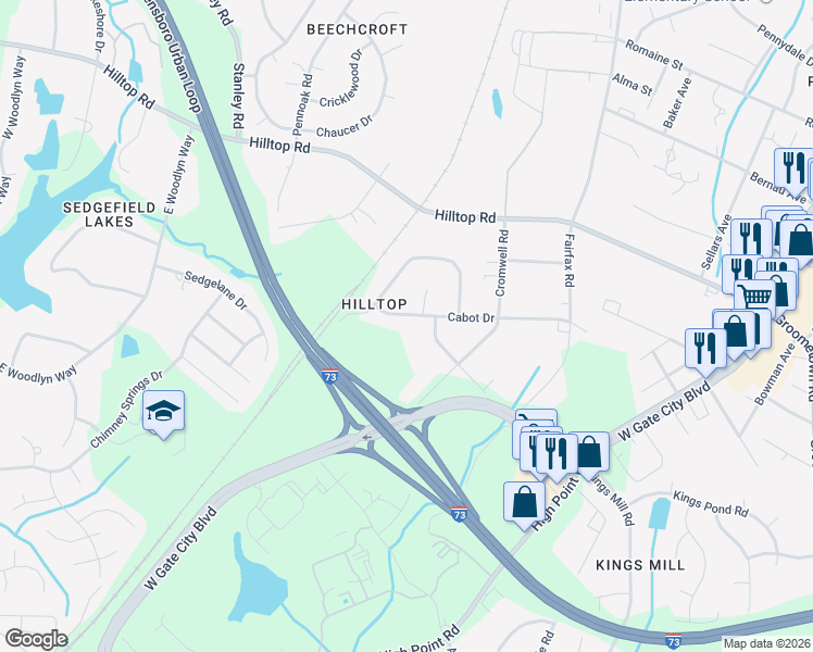 map of restaurants, bars, coffee shops, grocery stores, and more near 4705 Cabot Drive in Greensboro