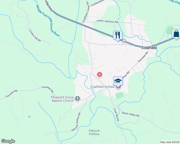 map of restaurants, bars, coffee shops, grocery stores, and more near 308 Rock Bridge Road in Oliver Springs