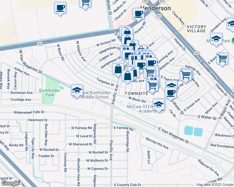 map of restaurants, bars, coffee shops, grocery stores, and more near 239 Pacific Avenue in Henderson