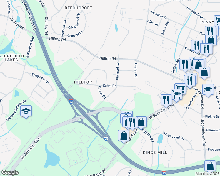 map of restaurants, bars, coffee shops, grocery stores, and more near 4503 Cabot Drive in Greensboro